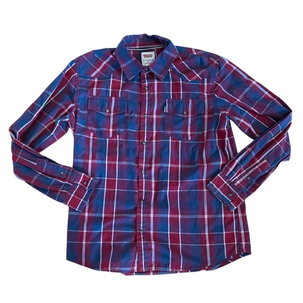 Levis Western Shirt  L Mens Modern Fit Long Sleeve Plaid Snap Button Red & Blue